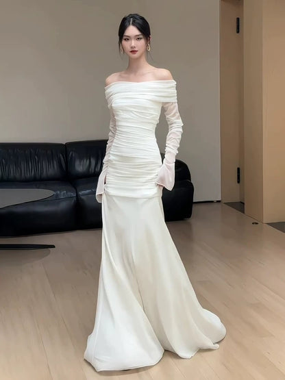 Off The Shoulder Chiffon Wedding Dress With Long Sleeves Formal Evening Dress  P578