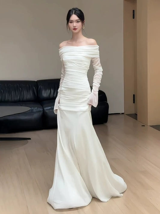 Off The Shoulder Chiffon Wedding Dress With Long Sleeves Formal Evening Dress  P578