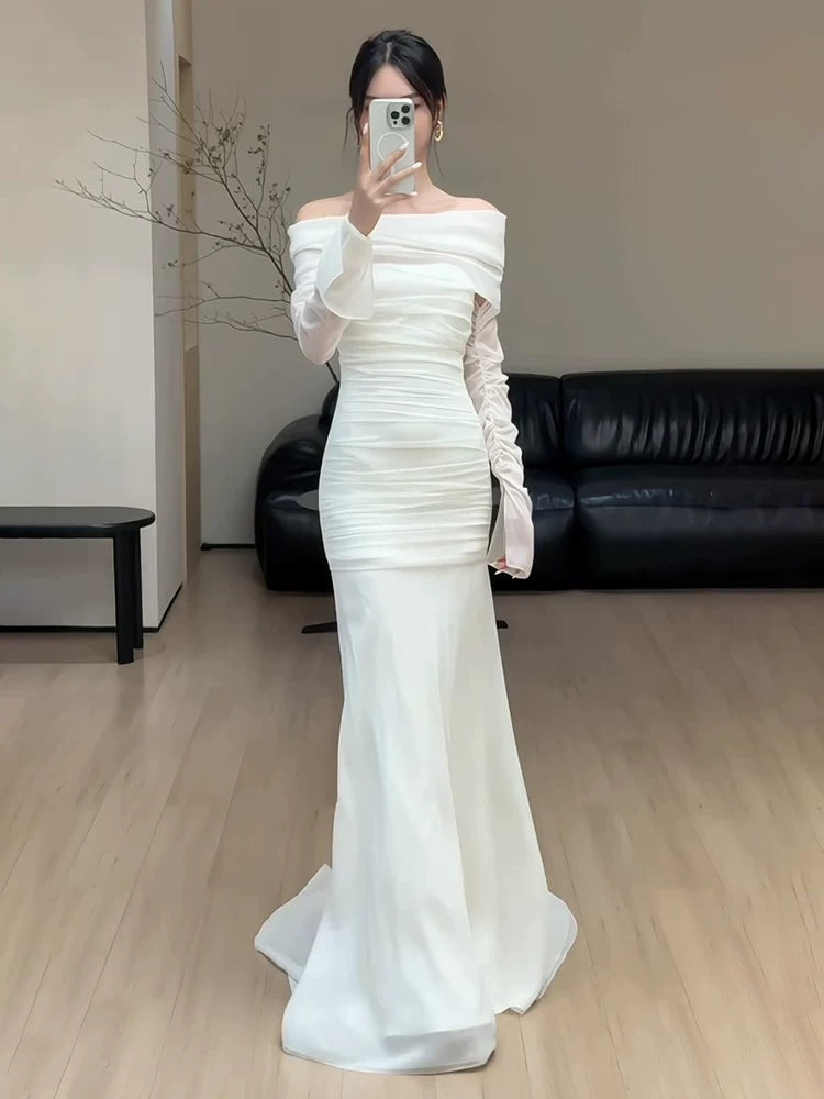 Off The Shoulder Chiffon Wedding Dress With Long Sleeves Formal Evening Dress  P578