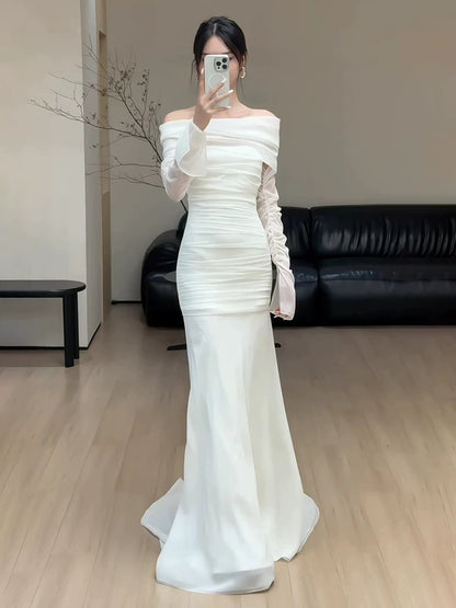 Off The Shoulder Chiffon Wedding Dress With Long Sleeves Formal Evening Dress  P578