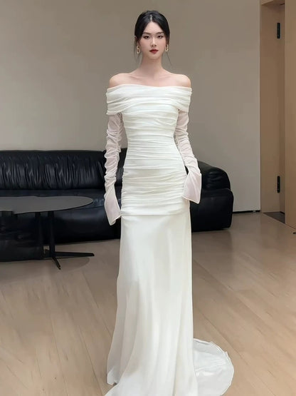 Off The Shoulder Chiffon Wedding Dress With Long Sleeves Formal Evening Dress  P578