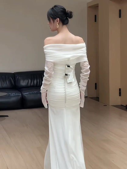 Off The Shoulder Chiffon Wedding Dress With Long Sleeves Formal Evening Dress  P578
