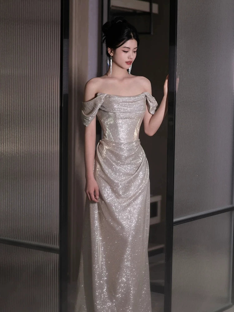 Off The Shoulder Silver Prom Dress Sparklle Evening Dress  P579