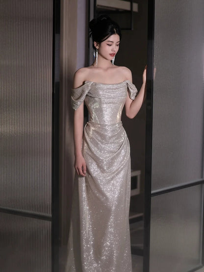 Off The Shoulder Silver Prom Dress Sparklle Evening Dress  P579