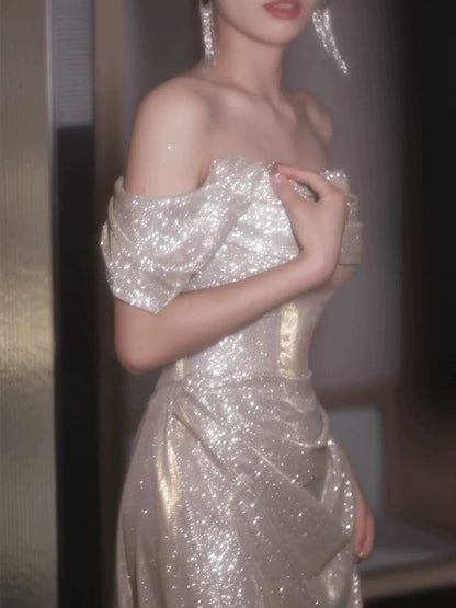 Off The Shoulder Silver Prom Dress Sparklle Evening Dress  P579