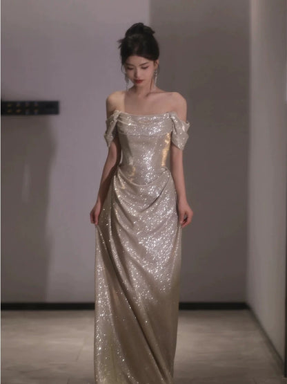 Off The Shoulder Silver Prom Dress Sparklle Evening Dress  P579
