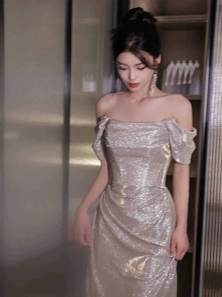 Off The Shoulder Silver Prom Dress Sparklle Evening Dress  P579