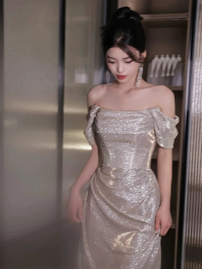 Off The Shoulder Silver Prom Dress Sparklle Evening Dress  P579