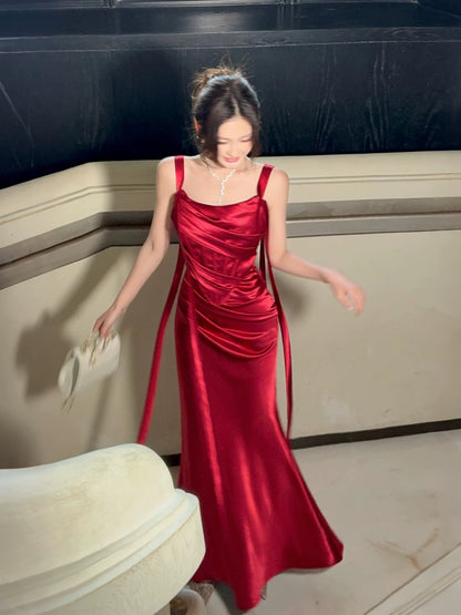 Red Satin Prom Dress Sheath Evening Gown Cocktail Dress  P581