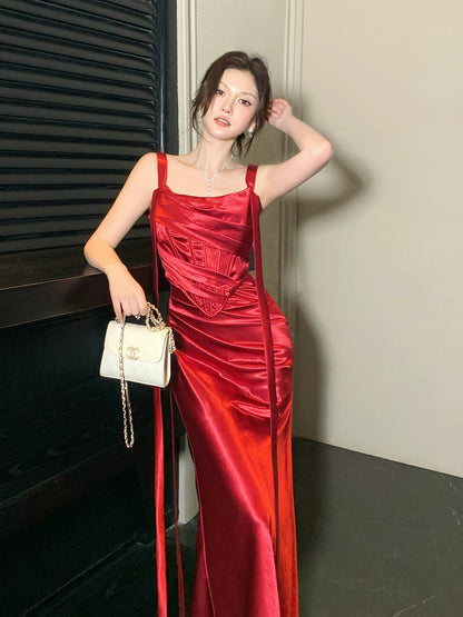 Red Satin Prom Dress Sheath Evening Gown Cocktail Dress  P581