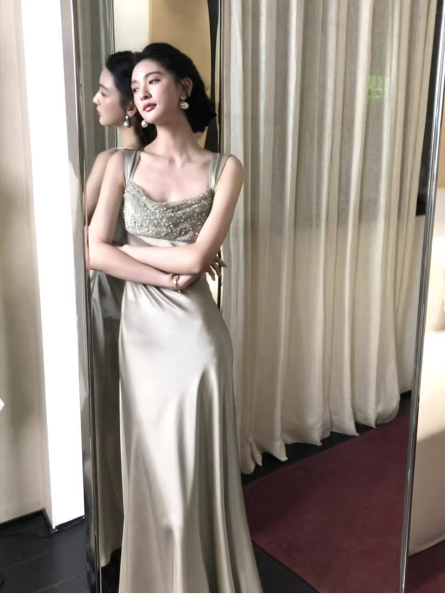 Champagne Sheath Satin Prom Dress Formal Party Dress Evening Dress   P582