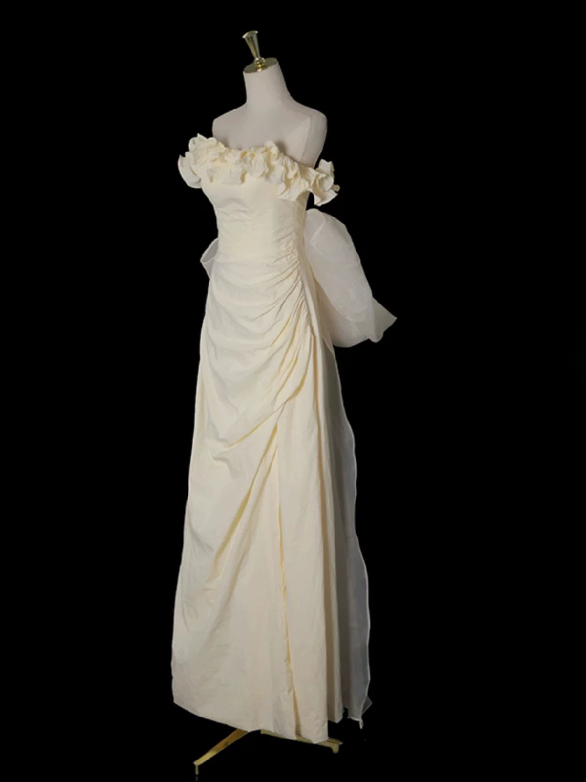 Beige Prom Dress With Bow Ruffled Birthday Gown With Slit   P583