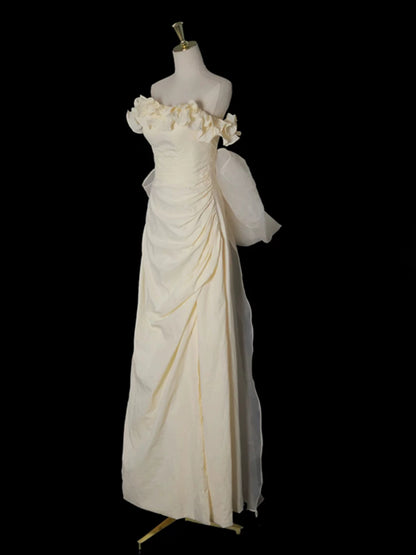 Beige Prom Dress With Bow Ruffled Birthday Gown With Slit   P583