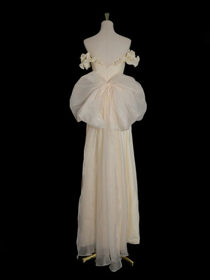 Beige Prom Dress With Bow Ruffled Birthday Gown With Slit   P583