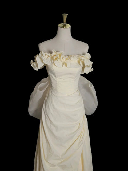Beige Prom Dress With Bow Ruffled Birthday Gown With Slit   P583