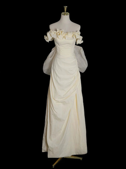 Beige Prom Dress With Bow Ruffled Birthday Gown With Slit   P583