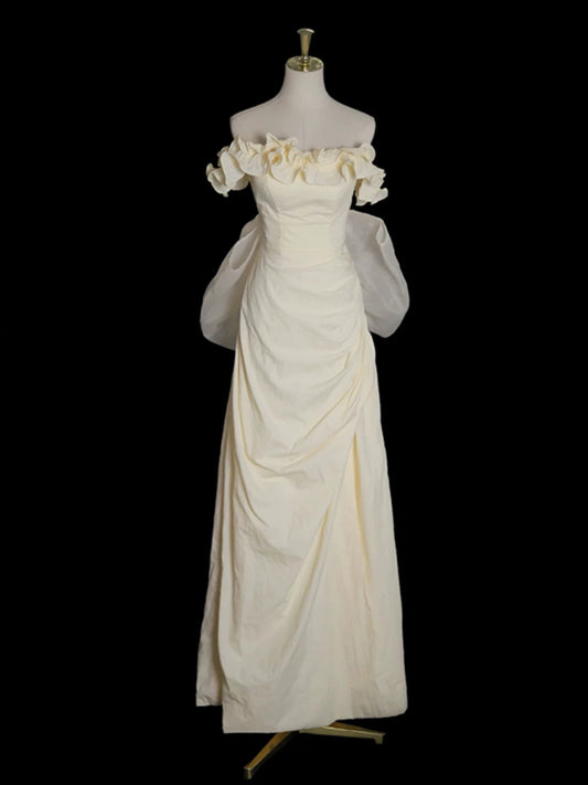 Beige Prom Dress With Bow Ruffled Birthday Gown With Slit   P583
