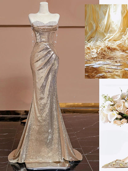 Gold Mermaid Sequins Prom Dress Sparkle Birthday Gown Evening Dress   P584