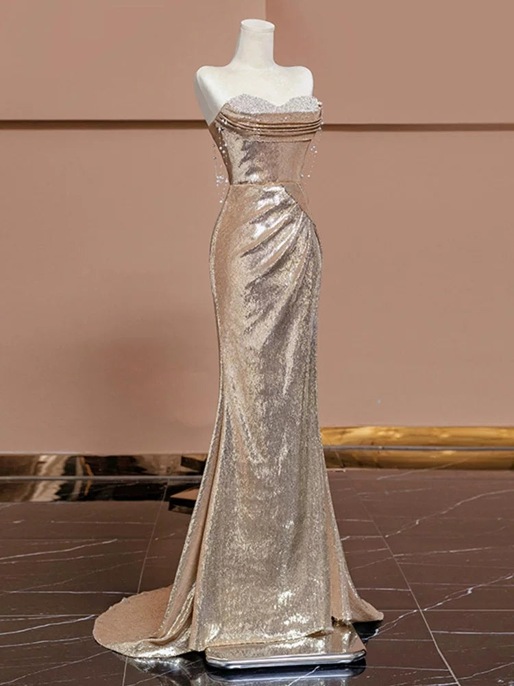 Gold Mermaid Sequins Prom Dress Sparkle Birthday Gown Evening Dress   P584