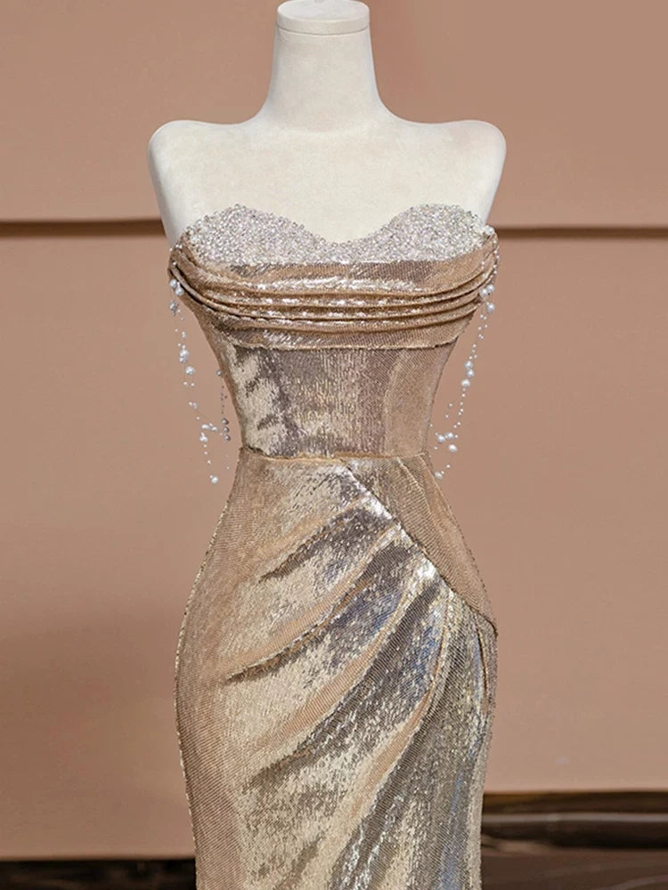 Gold Mermaid Sequins Prom Dress Sparkle Birthday Gown Evening Dress   P584