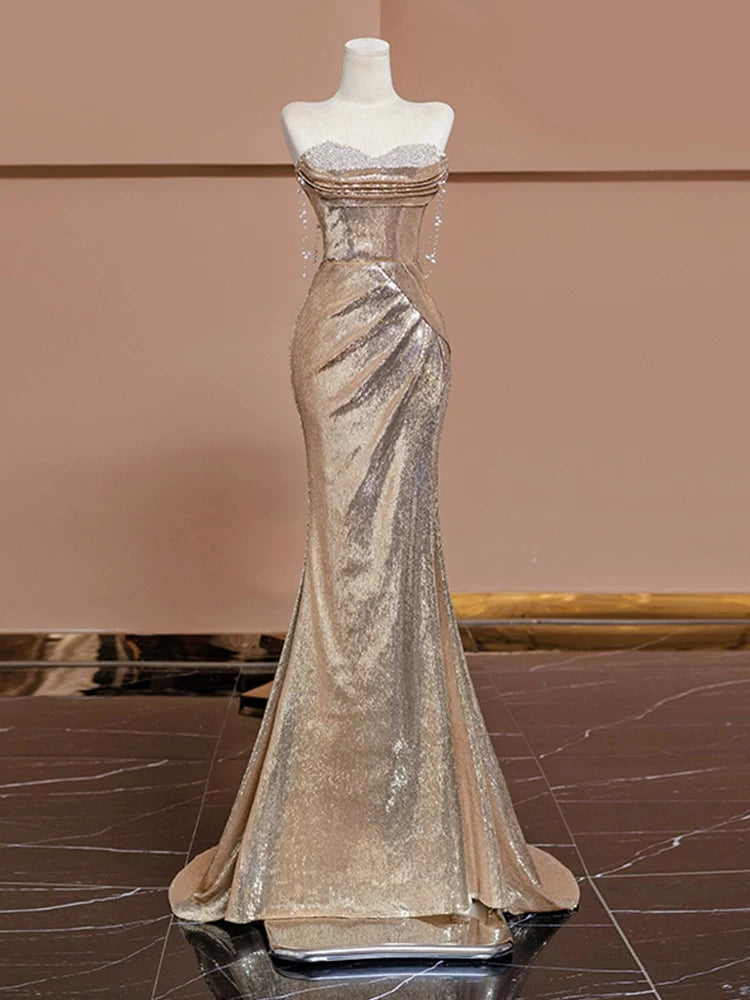 Gold Mermaid Sequins Prom Dress Sparkle Birthday Gown Evening Dress   P584