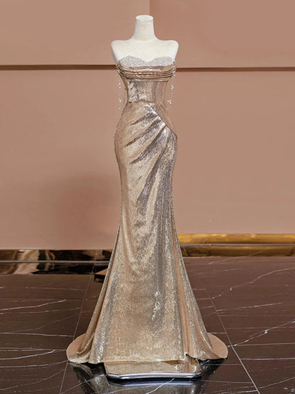 Gold Mermaid Sequins Prom Dress Sparkle Birthday Gown Evening Dress   P584