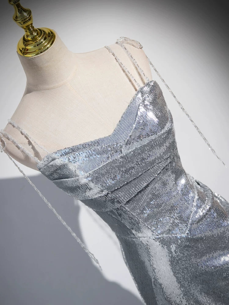 Silver Mermaid Sequins Prom Dress Sparkle Birthday Gown Evening Dress  P585