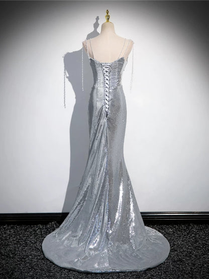 Silver Mermaid Sequins Prom Dress Sparkle Birthday Gown Evening Dress  P585