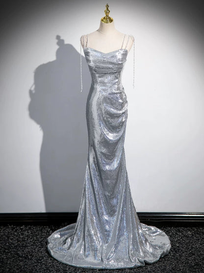 Silver Mermaid Sequins Prom Dress Sparkle Birthday Gown Evening Dress  P585