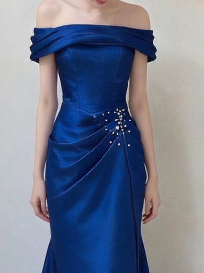 Off The Shoulder Royal Blue Mermaid Prom Dress Satin Evening Dress  P586