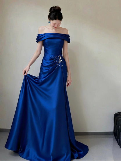 Off The Shoulder Royal Blue Mermaid Prom Dress Satin Evening Dress  P586