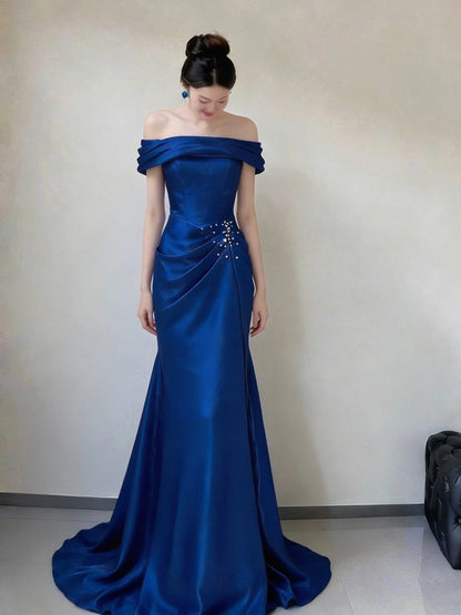 Off The Shoulder Royal Blue Mermaid Prom Dress Satin Evening Dress  P586