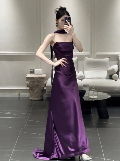 Strapless Purple Satin Prom Dress Sheath Evening Dress  P587
