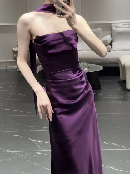 Strapless Purple Satin Prom Dress Sheath Evening Dress  P587