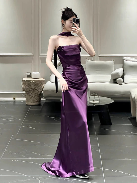 Strapless Purple Satin Prom Dress Sheath Evening Dress  P587