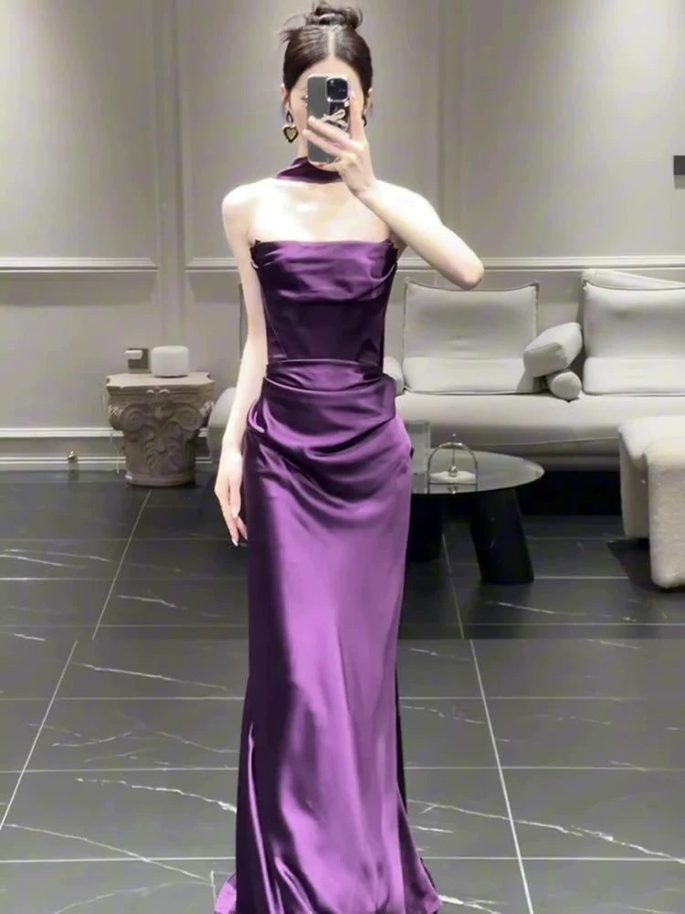 Strapless Purple Satin Prom Dress Sheath Evening Dress  P587