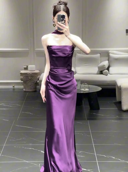 Strapless Purple Satin Prom Dress Sheath Evening Dress  P587