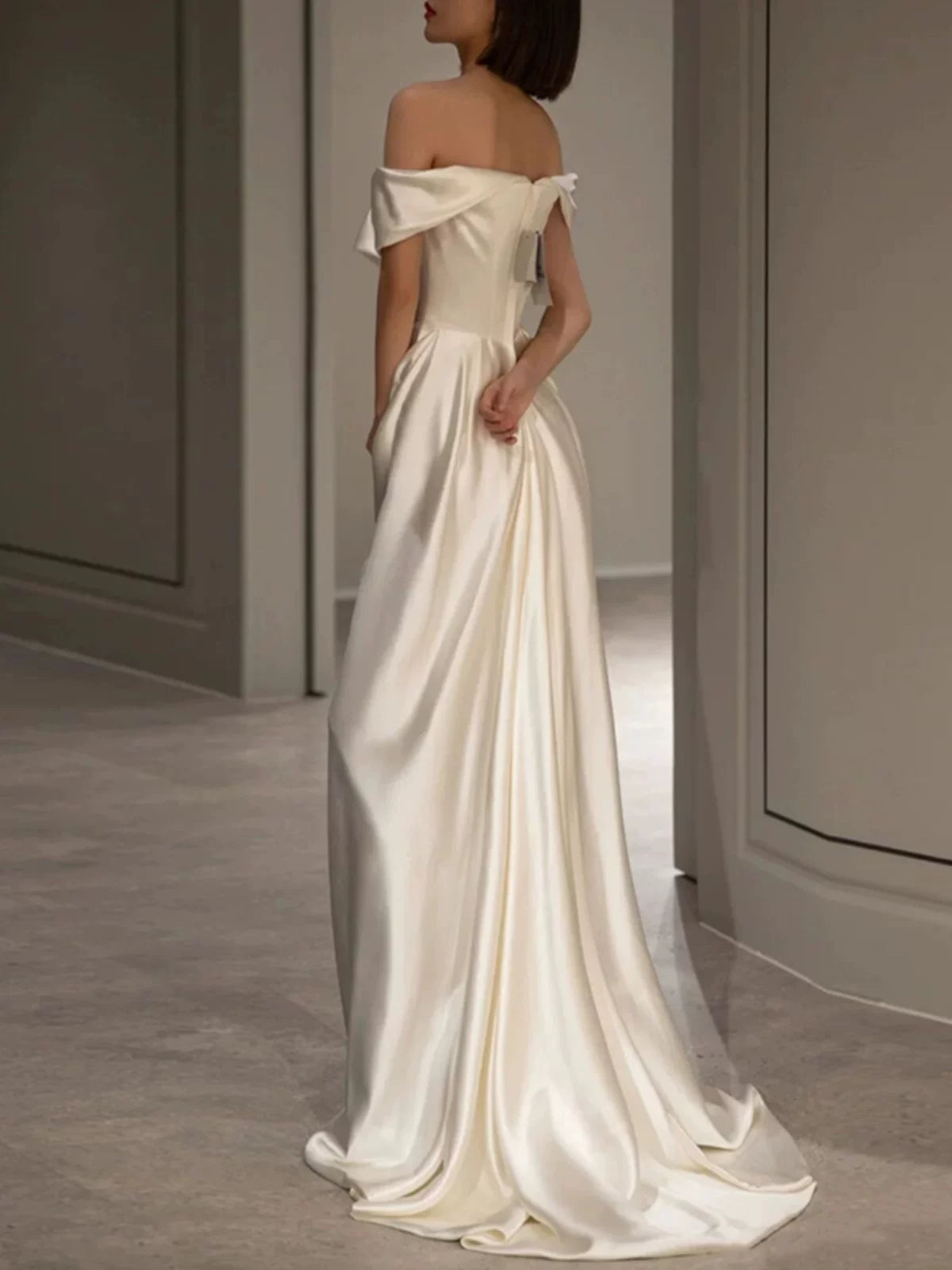 Off The Shoulder Ivory Satin Prom Dress Formal Party Dress Evening Dress  P589