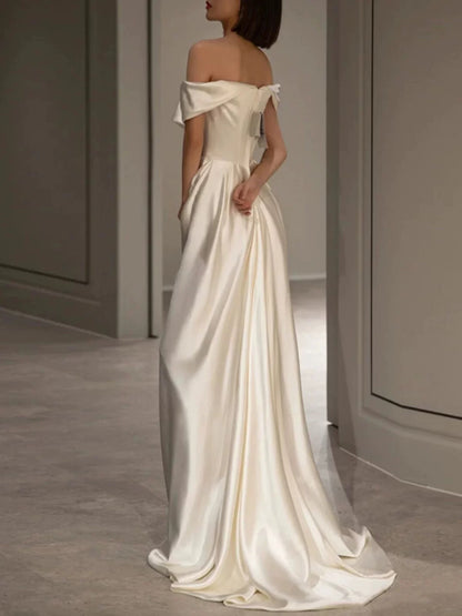 Off The Shoulder Ivory Satin Prom Dress Formal Party Dress Evening Dress  P589