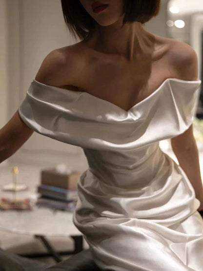 Off The Shoulder Ivory Satin Prom Dress Formal Party Dress Evening Dress  P589