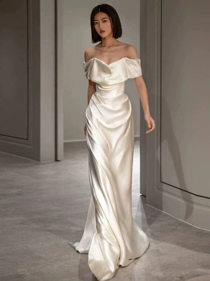 Off The Shoulder Ivory Satin Prom Dress Formal Party Dress Evening Dress  P589