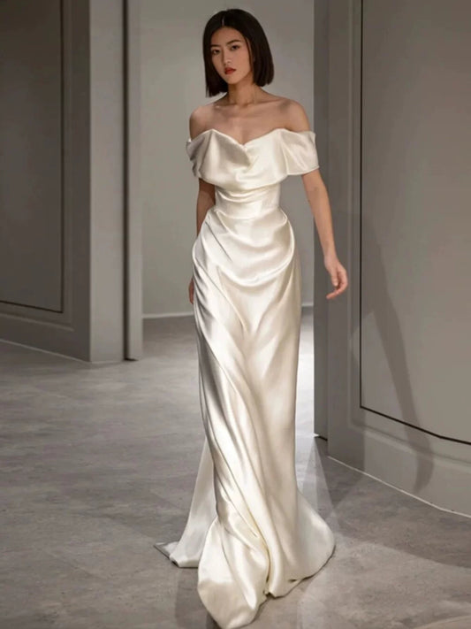Off The Shoulder Ivory Satin Prom Dress Formal Party Dress Evening Dress  P589