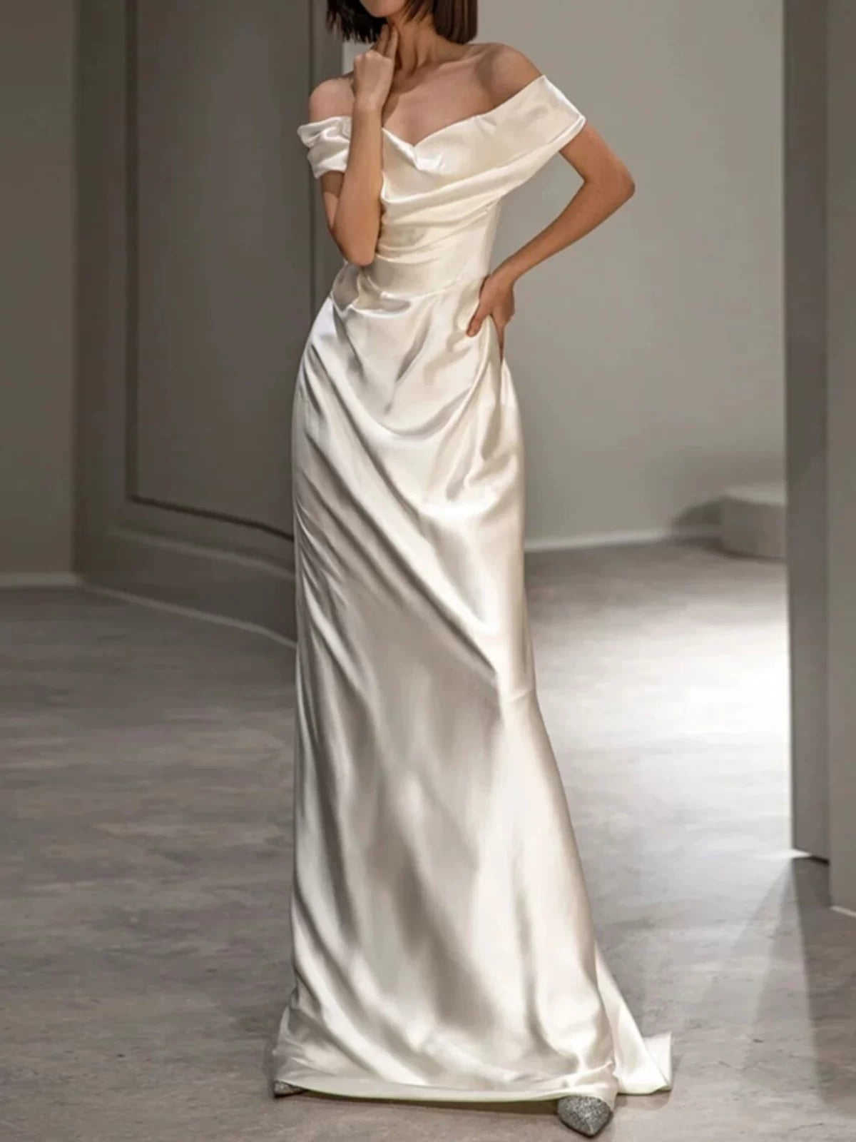Off The Shoulder Ivory Satin Prom Dress Formal Party Dress Evening Dress  P589