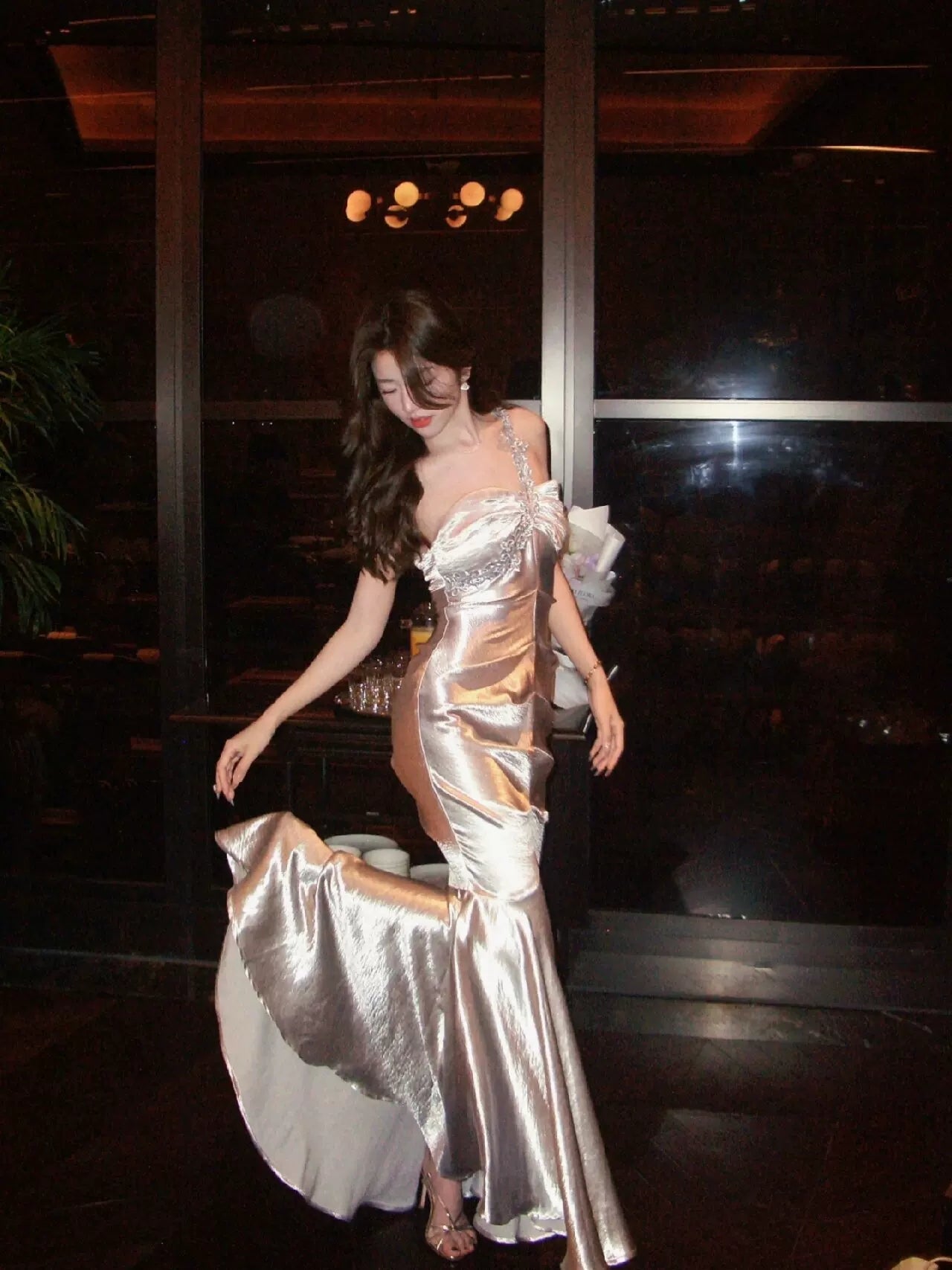 One Shoulder Silver Sheath Prom Dress Satin Birthday Dress  P590