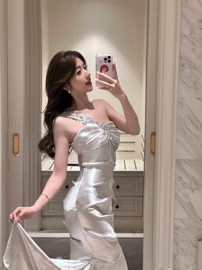 One Shoulder Silver Sheath Prom Dress Satin Birthday Dress  P590