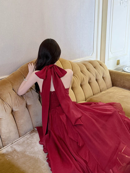 Halter Red Chiffom Wedding Dress A Line Birthday Dres Prom Dress P591