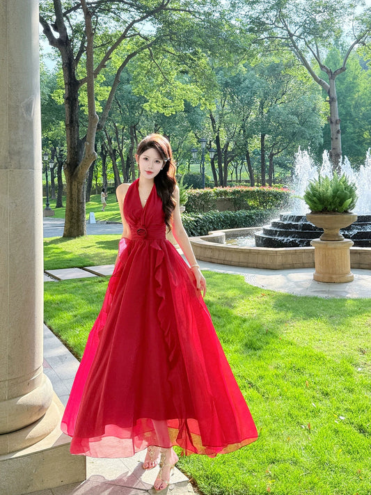 Halter Red Chiffom Wedding Dress A Line Birthday Dres Prom Dress P591
