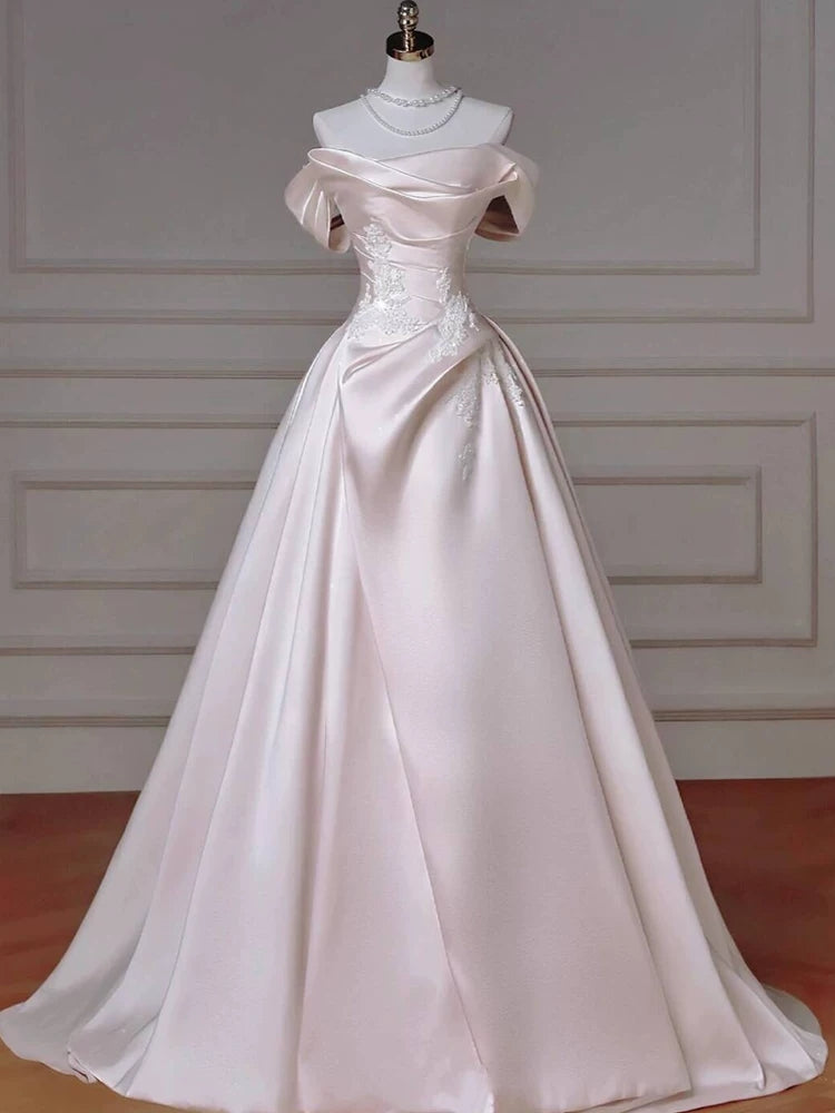 Off The Shoulder Pink Satin Prom Dress A Line Birthday Dress For Teens  P592