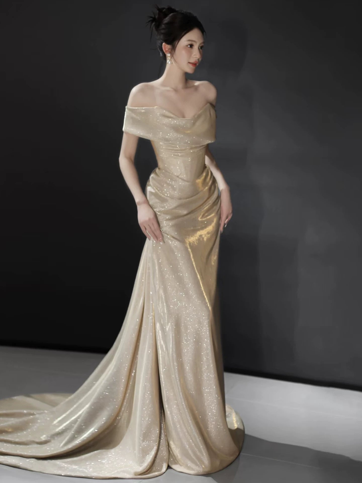 Off The Shoulder Champagne Prom Dress Sparkle Formal Evening Dress  P593