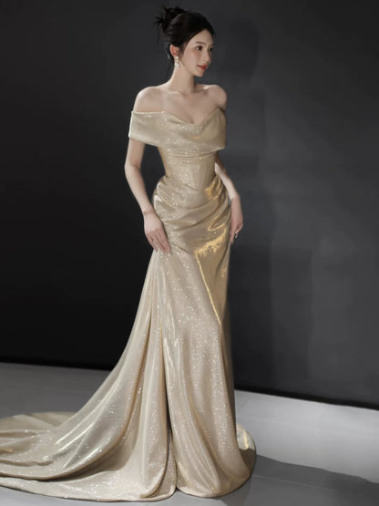 Off The Shoulder Champagne Prom Dress Sparkle Formal Evening Dress  P593